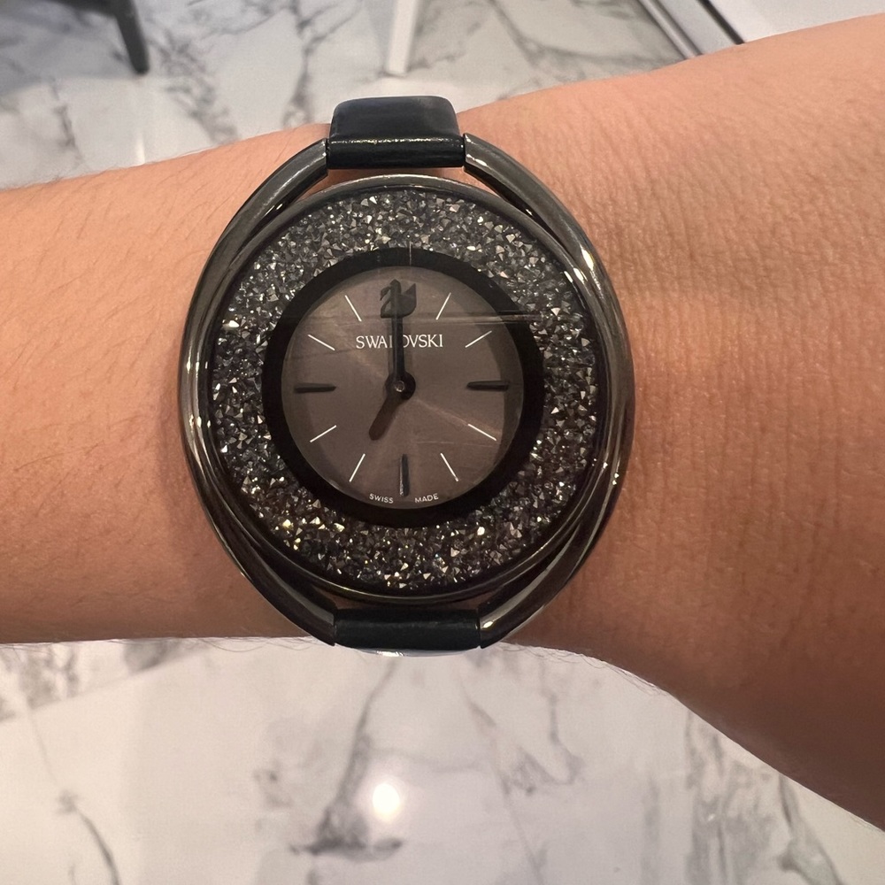 Black Swarovski Crystal watch with leather strap